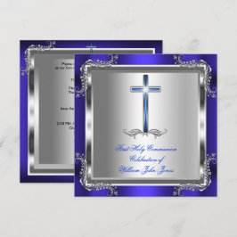 Convite Primeira Sagrada Comunhão Menino Azul Real Prata 3