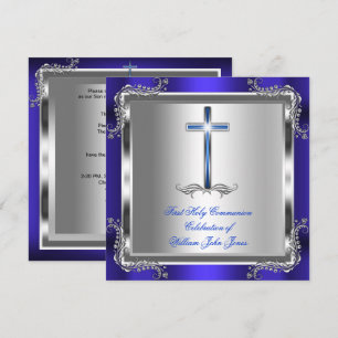 Convite Primeira Sagrada Comunhão Menino Azul Real Prata 3