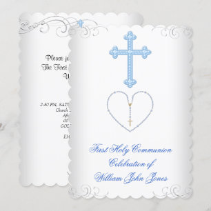 Convite Primeira Sagrada Comunhão Menino Branco Azul Prata