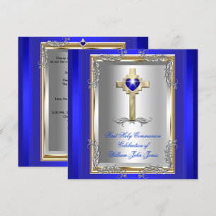 Convite Primeira Sagrada Comunhão Menino Prata Dourado Azu
