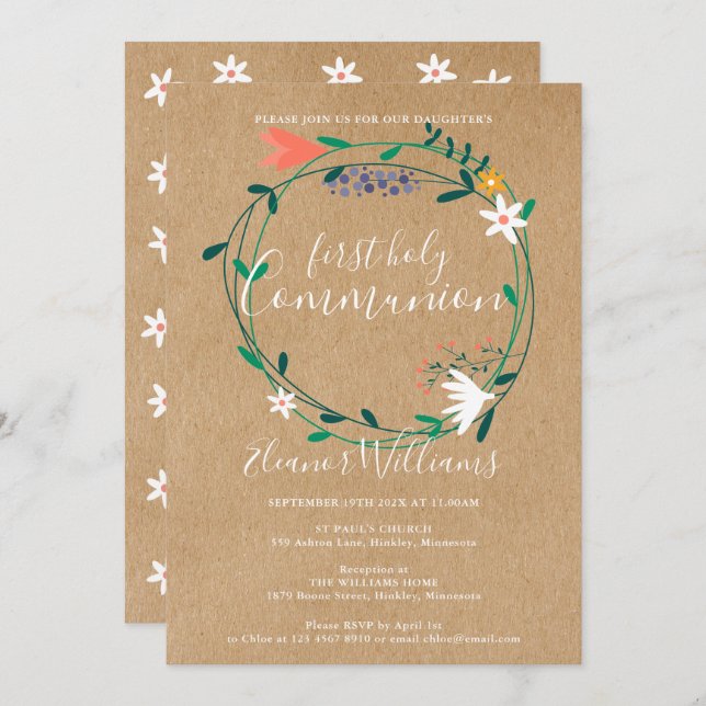 Convite Primeira Sagrada Comunhão Russo Moderno Floral (Frente/Verso)