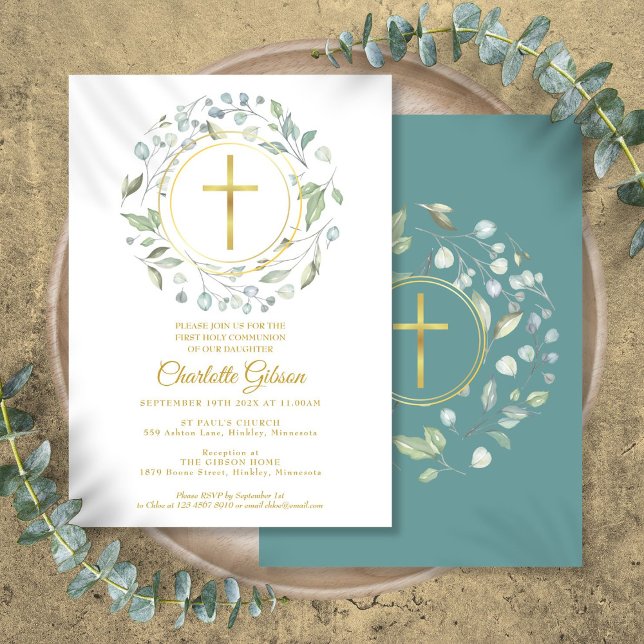 Convite Primeira Sagrada Comunidade Verde Dourada Cruz (First Holy Communion Greenery Gold Cross Invitation)