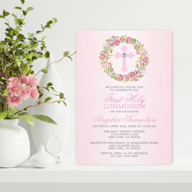 Convite Primeira Sagrada Cruz Floral da Garota Comunitária (Criador carregado)