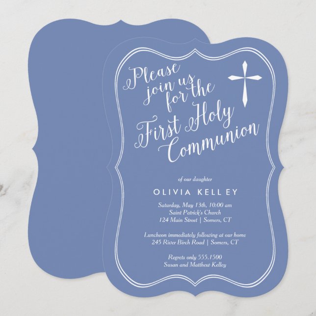 Convite Primeira Sagrada Frame e Cruz da Comunidade, Azul (Frente/Verso)