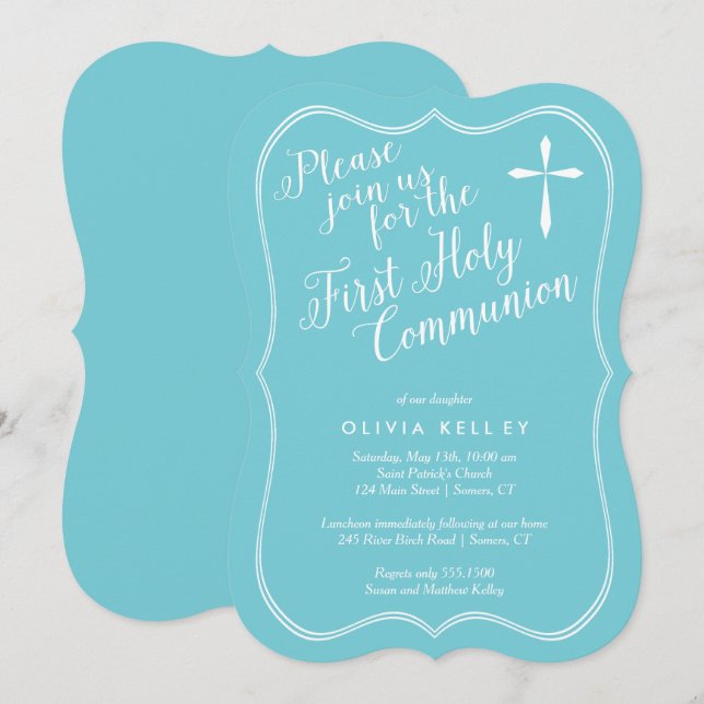 Convite Primeira Sagrada Frame e Cruz da Comunidade, Azul (Frente/Verso)
