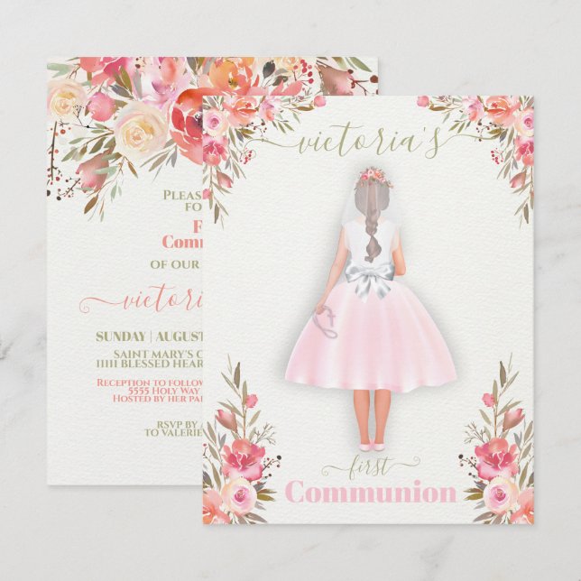 Convite Primeira Sagrada Menina Personalizada de Retrato e (Frente/Verso)