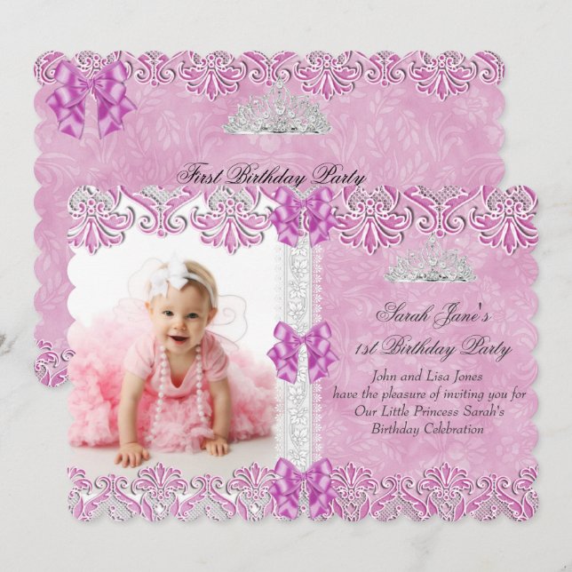Convite Primeira Tiara de Foto Lilás Rosa para Meninas de  (Frente/Verso)