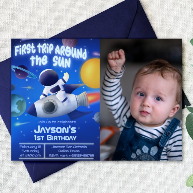 Convite Primeira viagem ao redor do Sol com foto (First Trip Around the Sun with Photo Invitation)