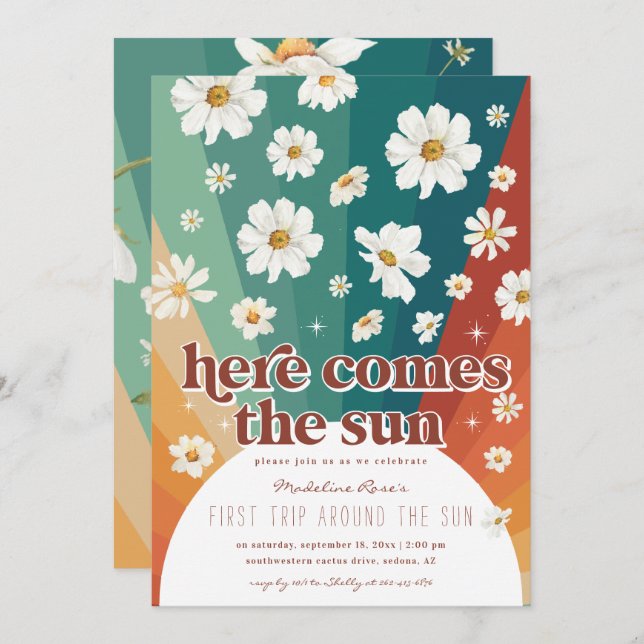 Convite Primeira viagem ao redor do Sol | Retro Daisy Rain (Frente/Verso)
