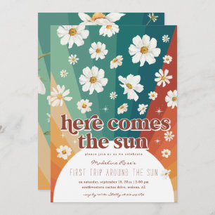 Convite Primeira viagem ao redor do Sol   Retro Daisy Rain