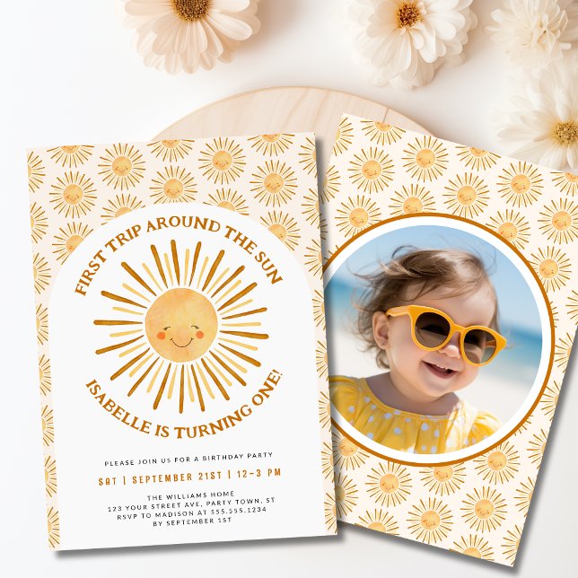 Convite Primeira Viagem Em Torno Da Foto Da Festa Do prime (First Trip Around The Sun 1st Birthday Party Photo Invitation- Front & Back)