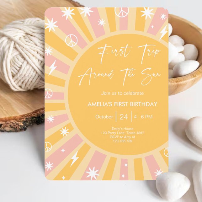 Convite Primeira viagem em torno do primeiro aniversario A (First Trip around the Sun Rainbow 1st Birthday Invitation)