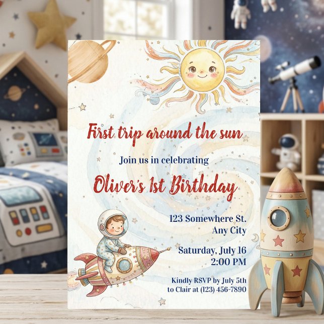 Convite Primeira Viagem em Torno do Sol Astronauta 1º Aniv (First Trip Around the Sun Astronaut 1st Birthday Invitation)