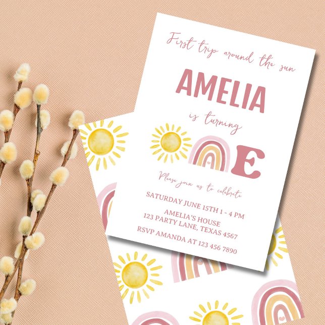 Convite Primeira Viagem em Torno do Sol Boho 1º Aniversári (Boho first trip around the sun birthday invitation with pastel sun and rainbow design)