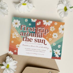 Convite Primeira Viagem em Torno do Sol Retro Daisy Rain