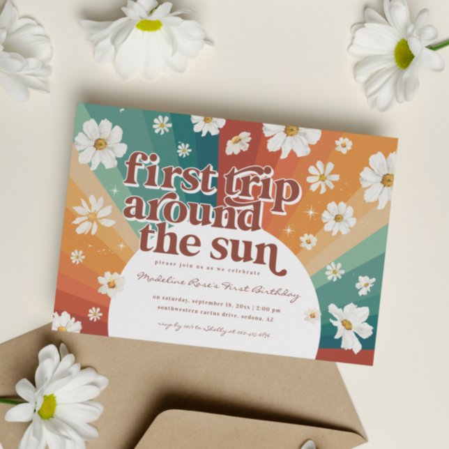 Convite Primeira Viagem em Torno do Sol | Retro Daisy Rain (Criador carregado)