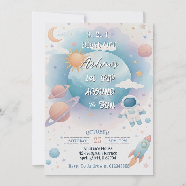 Convite Primeira viagem pessoal ao redor do sol Aniversári (Frente)