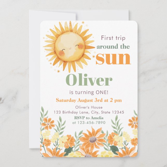 Convite Primeira Volta ao Sol Boho Floral 1º Aniversário (Frente)