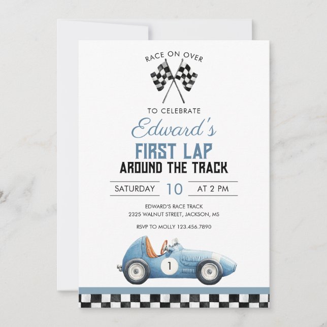 Convite Primeira Volta Carro de Corrida Azul 1º Aniversári (Frente)