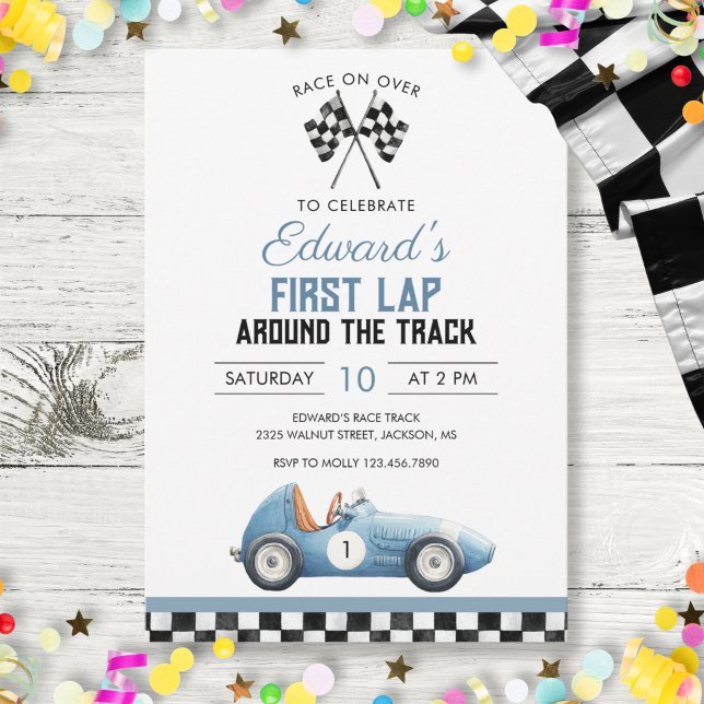 Convite Primeira Volta Carro de Corrida Azul 1º Aniversári (First Lap Blue Race Car 1st Birthday Invitation)