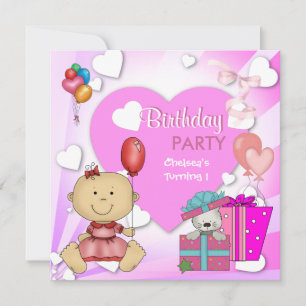 Convite Primeiro Aniversário 1ª Festa Corações Rosa Menina