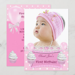 Convite Primeiro Aniversário 1ª Menina Cupcakes Rosa Bebê