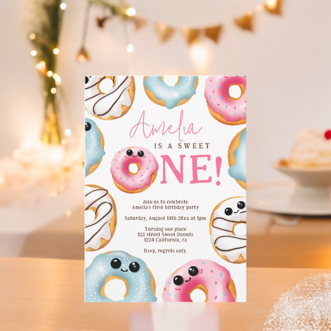 Convite Primeiro aniversario Adorável e Docente de Uma ros (Adorable Sweet One cute donuts 1st birthday Invitation)