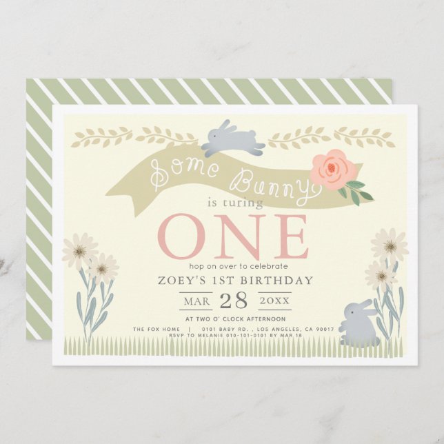 Convite Primeiro aniversario Amarelo Coelho Pastel (Frente/Verso)