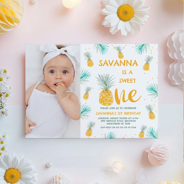 Convite Primeiro aniversario Amarelo de Um Abacaxi (Pineapple Sweet One 1st Birthday Invitation For Baby Girls, Girls Pineapple First Birthday Invite)
