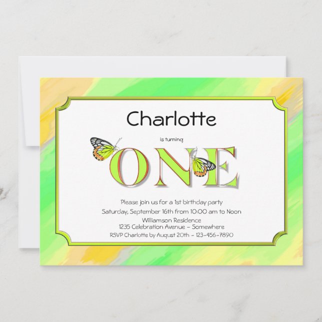 Convite primeiro aniversario Amarelo e Verde com faixas (Frente)