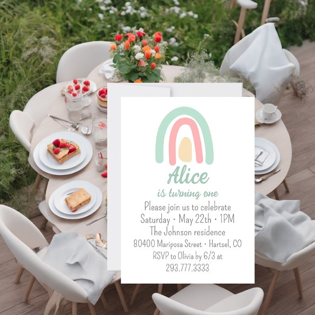 Convite Primeiro aniversario amarelo-rosa verde-arco-íris (Criador carregado)