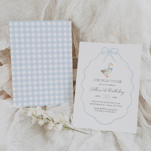 Convite Primeiro aniversario Arco Gingham Azul com Bobo