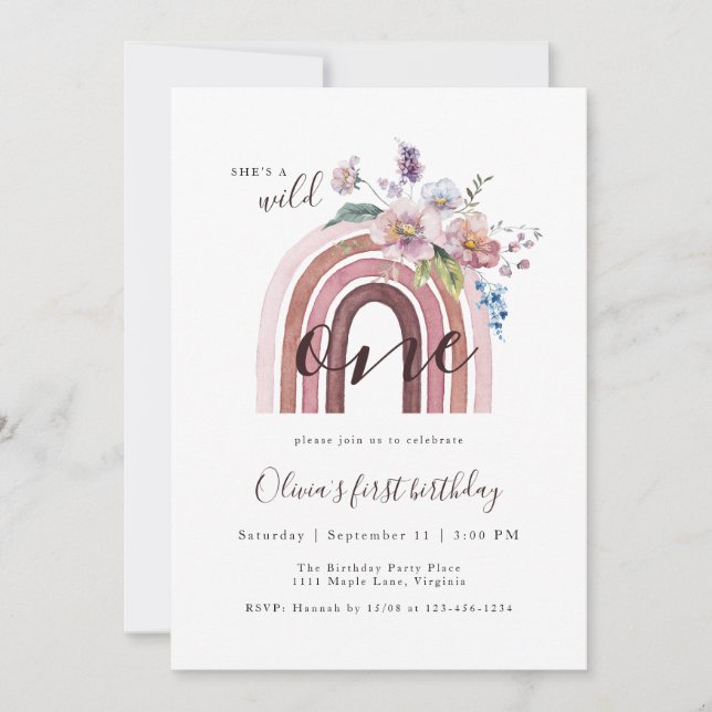 Convite Primeiro aniversario Arco-Íris de Flor Selvagem &  (Frente)