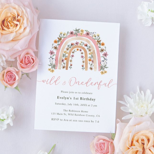 Convite Primeiro aniversario Arco-Íris de Flores Selvagens (Criador carregado)