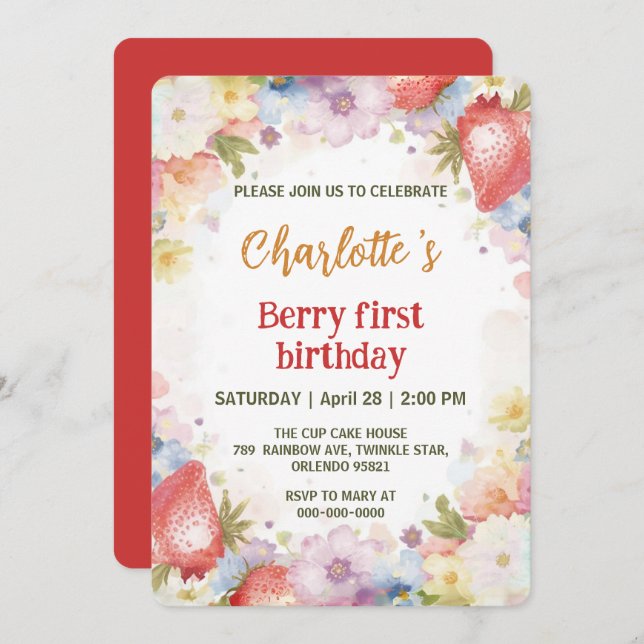Convite Primeiro aniversario arco-íris de morangos brancos (Frente/Verso)