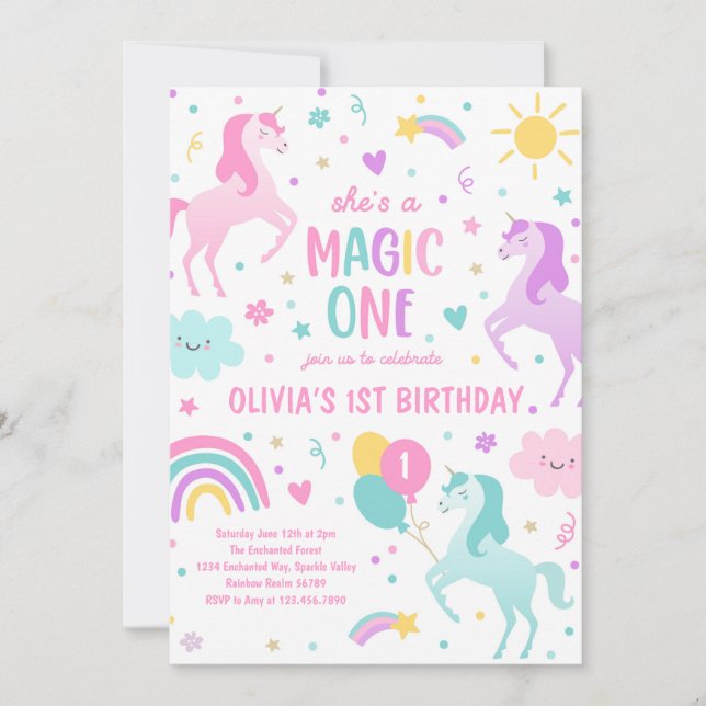 Convite Primeiro aniversario Arco-Íris Unicorn Magic One P (Frente)