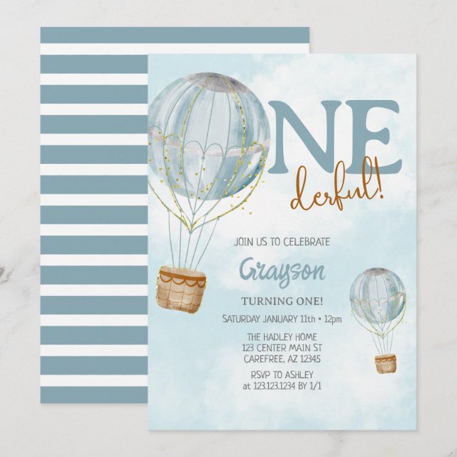 Convite Primeiro aniversario Azul Balão de Ar Quente (Frente/Verso)