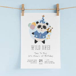 Convite Primeiro aniversario Azul de Urso Panda Selvagem
