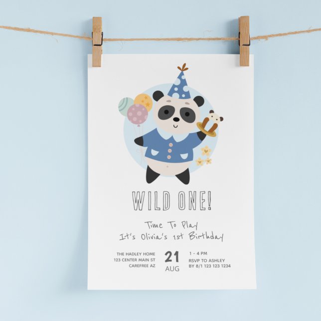 Convite Primeiro aniversario Azul de Urso Panda Selvagem (Criador carregado)