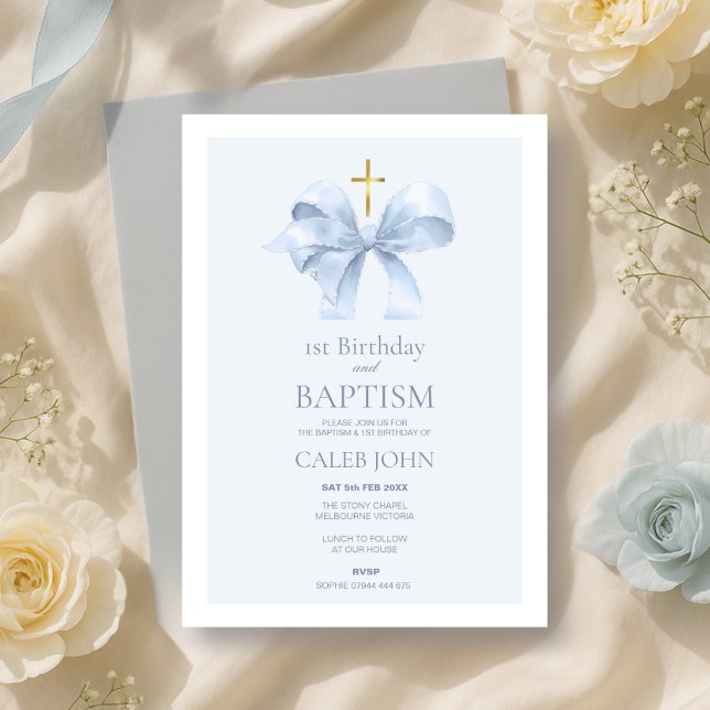 Convite Primeiro aniversario azul e batismo para o Arco (Criador carregado)