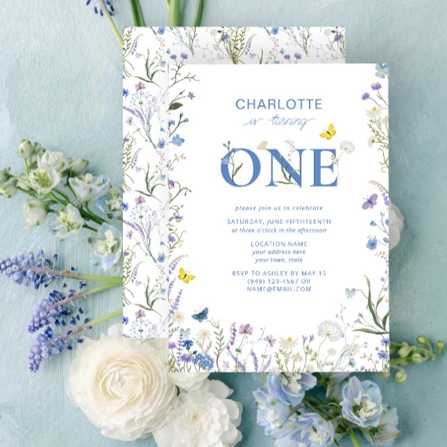 Convite primeiro aniversario Azul O Jardim De Flor Selvage (1st Birthday Invitation)