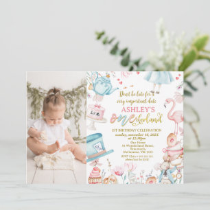Convite Primeiro aniversario azul rosa Alice Onederland