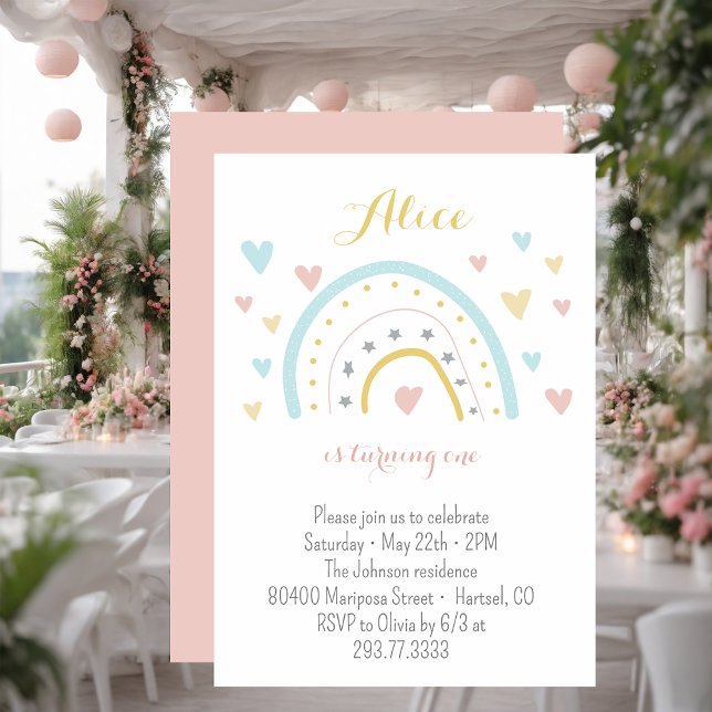 Convite Primeiro aniversario azul-rosa do arco-íris de aqu (Criador carregado)