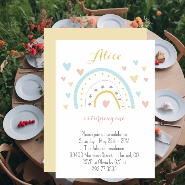 Convite Primeiro aniversario azul-rosa do arco-íris de aqu (Criador carregado)