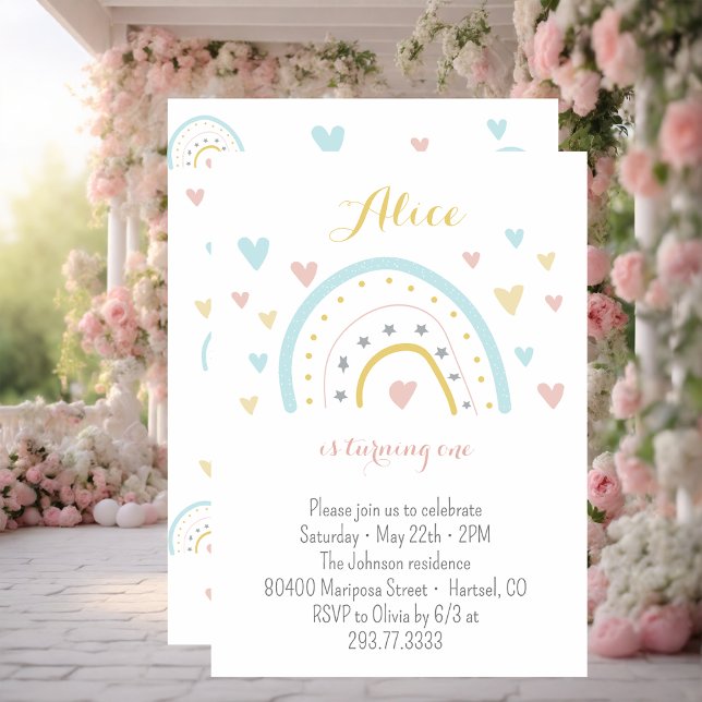 Convite Primeiro aniversario azul-rosa do arco-íris de aqu (Criador carregado)