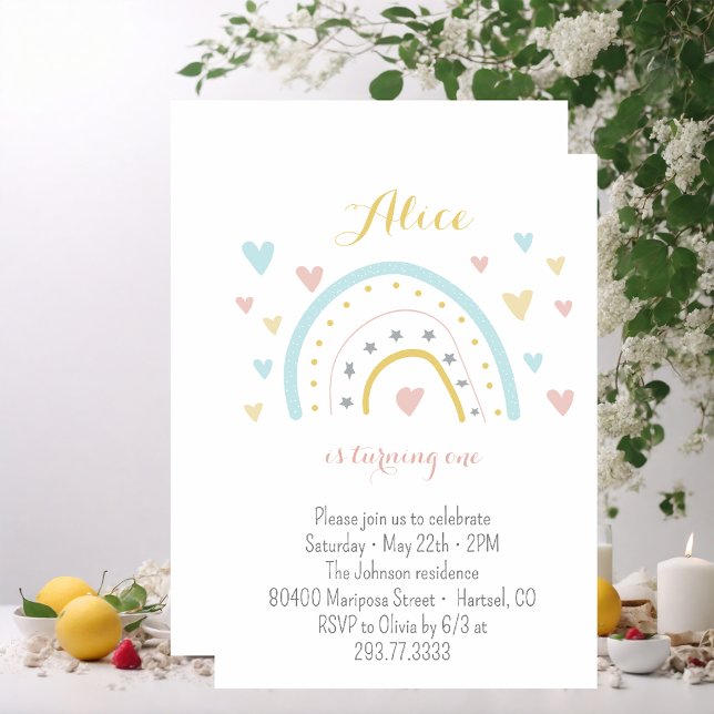 Convite Primeiro aniversario azul-rosa do arco-íris de aqu (Criador carregado)