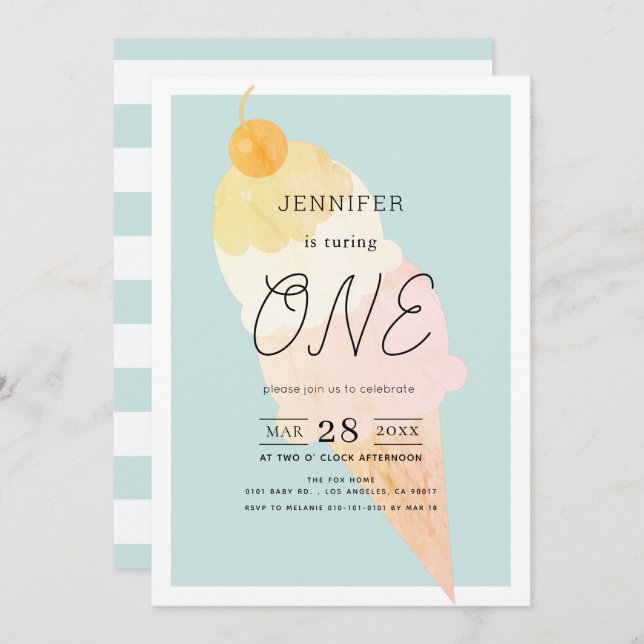 Convite primeiro aniversario azul sorvete (Frente/Verso)