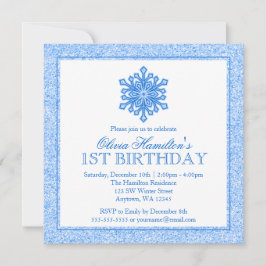 Convite primeiro aniversario Azul Sparkle Snowflake