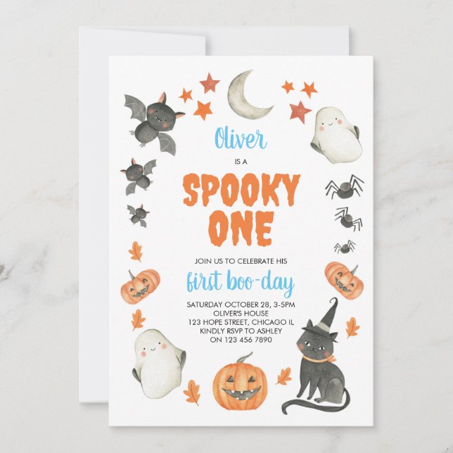 Convite Primeiro aniversario Azul "Spooky One Cute Hallowe (Frente)