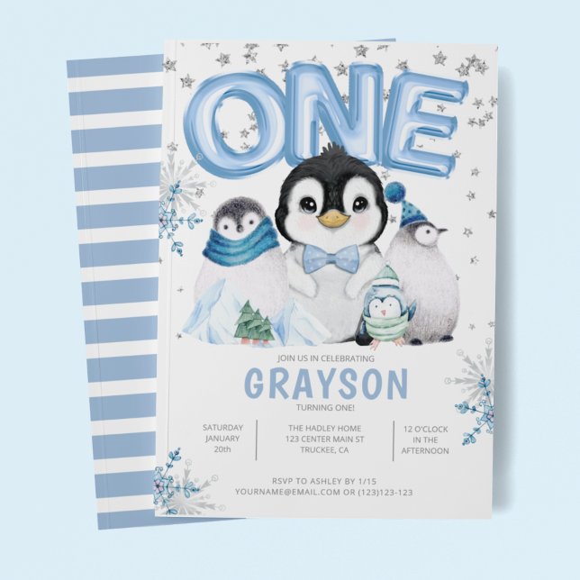 Convite Primeiro aniversario Baby Penguins Winter (Criador carregado)